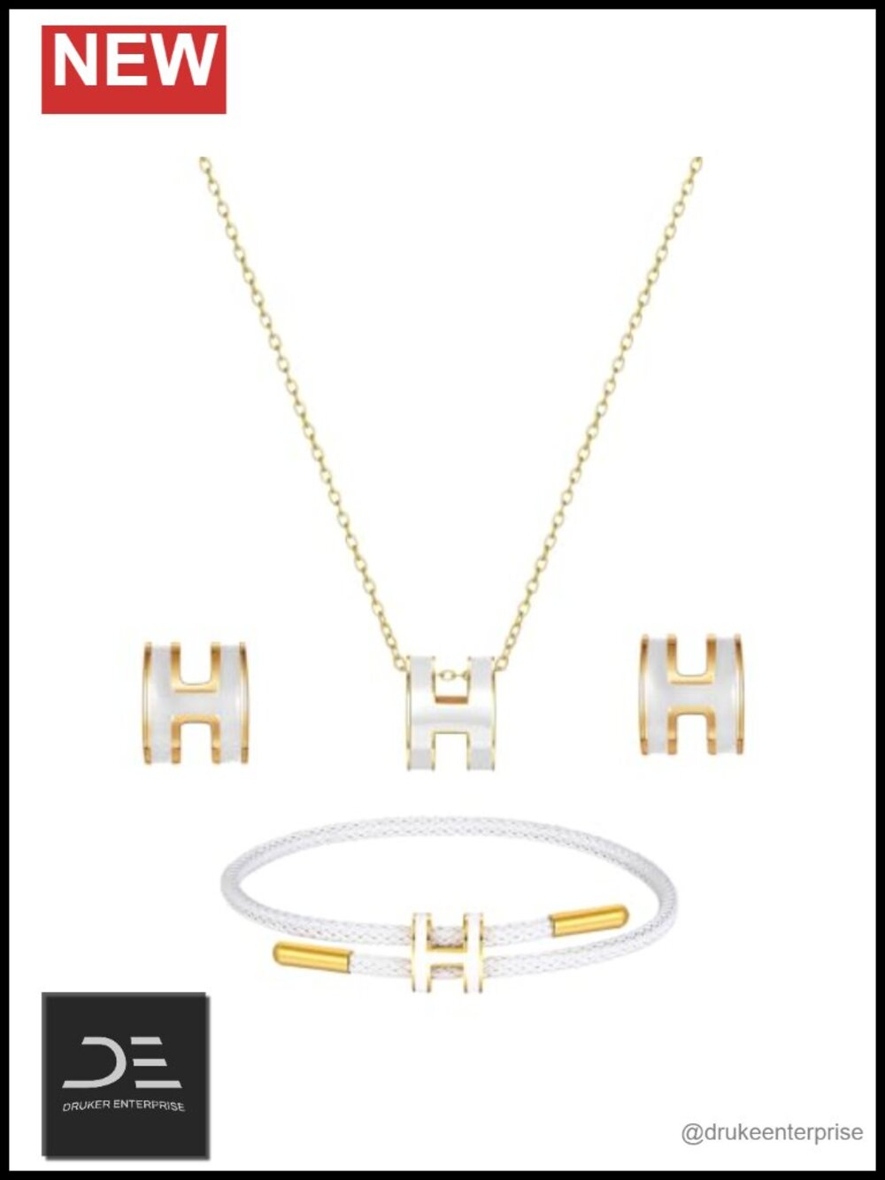 3pc H-Initial Titanium Steel Jewelry Set - Necklace Earrings Bracelet